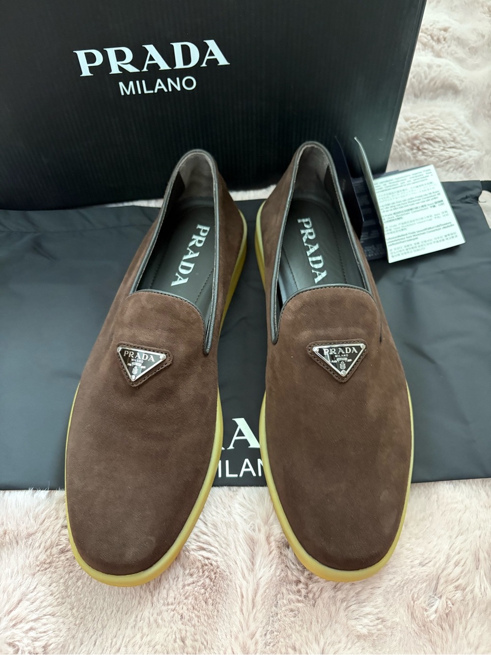 Prada Brown Suede Slip-On Loafers with Tan Sole